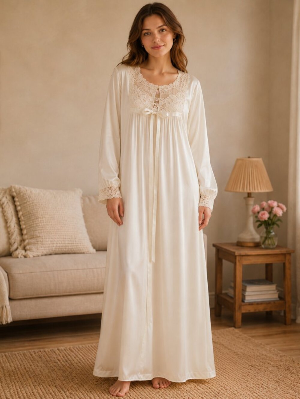 Miss Elaine VTG 2 Piece Ivory Gown & Robe Set Size Large Beige Lace Romantic